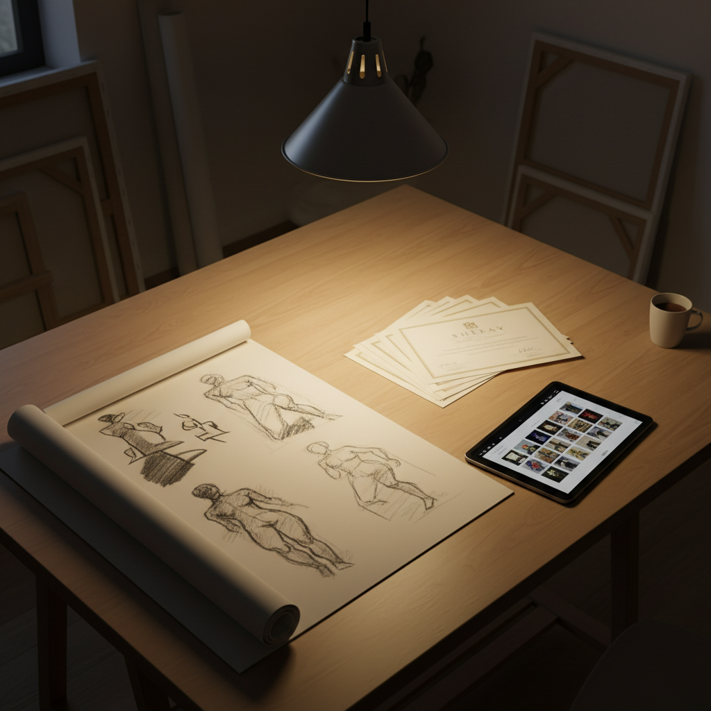 A refined still life capturing the connection between artists and collectors in the Rio Grande Valley without showing people. On a large, flat drafting table lies a partially unrolled canvas with expressive charcoal sketches, next to carefully stacked, signed certificates of authenticity on heavy, cream-colored paper embossed with a subtle S H E K A Y Fine Arts crest. Nearby, a sleek tablet displays a digital gallery interface with thumbnail images of vibrant artworks. Overhead, a single modern pendant lamp casts focused, warm light that pools on the workspace, leaving the surrounding studio area gently shadowed. Photographic realism with a top-down, slightly angled perspective emphasizes clean lines and textures, creating a quiet, sophisticated atmosphere of preparation and professional art exchange.