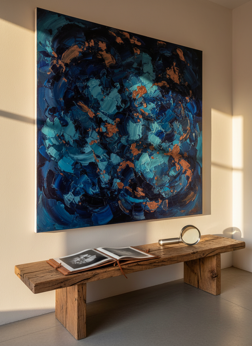 A dramatic, photographic-realism scene of an art collector’s viewing space in a Rio Grande Valley adobe-style home. A large, statement oil painting with thick impasto strokes in deep blues and copper tones dominates a smooth, cream-colored stucco wall. Below it, a low, handcrafted mesquite wood bench holds an open portfolio of archival prints and a small, brushed-steel magnifier. Soft golden hour light enters from the left through a tall, unseen window, skimming across the painting’s surface and bench, creating luminous highlights and deep, luxurious shadows. Shot at eye level with a balanced composition, the image conveys a serene, contemplative atmosphere, highlighting the intimate relationship between curated fine art and sophisticated living spaces.