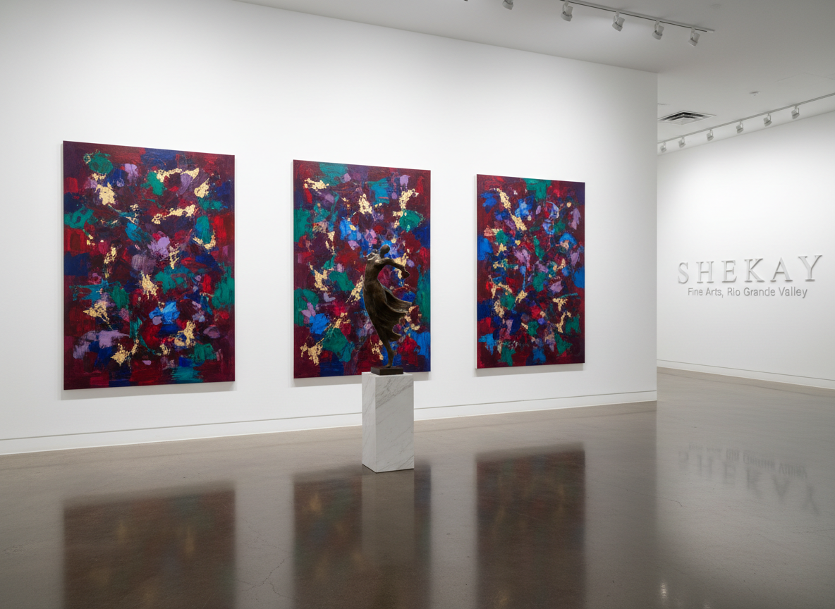 A meticulously curated arrangement of fine art paintings and sculptures displayed in a minimalist white gallery space, representing S H E K A Y Fine Arts. Large canvases with rich textures, deep jewel tones, and abstract forms hang on pristine walls, while a polished bronze sculpture rests on a sleek pedestal. The polished concrete floor reflects subtle glints of light. Soft, diffused gallery lighting from recessed ceiling fixtures casts gentle, controlled shadows, emphasizing each artwork’s details. Photographic realism at eye level with a slight wide-angle view creates depth, drawing the viewer into the sophisticated, calm atmosphere. The background softly blurs, keeping focus on the central artworks, conveying an elegant, contemporary fine arts experience in the Rio Grande Valley.
