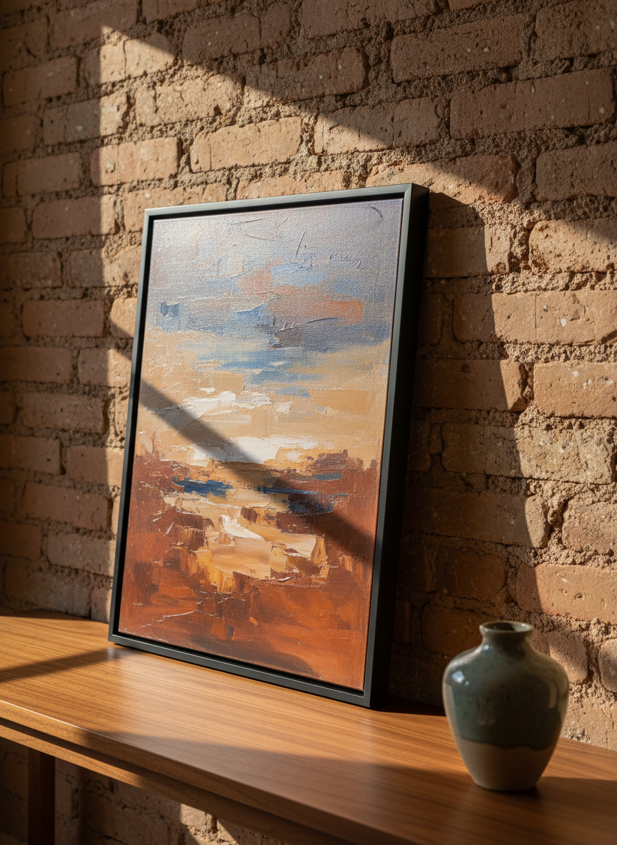An elegant close-up of a framed contemporary painting leaning against an exposed adobe-style wall, evoking upscale fine arts in the Rio Grande Valley of Texas. The frame is matte black with a narrow profile, surrounding a richly textured canvas featuring layered brushstrokes in warm desert hues—burnt sienna, ochre, and deep indigo. A handcrafted ceramic vase with a subtle glaze sits beside it on a smooth walnut console. Late afternoon sunlight filters through an unseen window, casting elongated, soft-edged shadows and highlighting the painting’s texture. Photographic realism with a shallow depth of field keeps the artwork and frame in sharp focus while the background melts into a gentle blur, creating a sophisticated, intimate atmosphere suitable for collectors.
