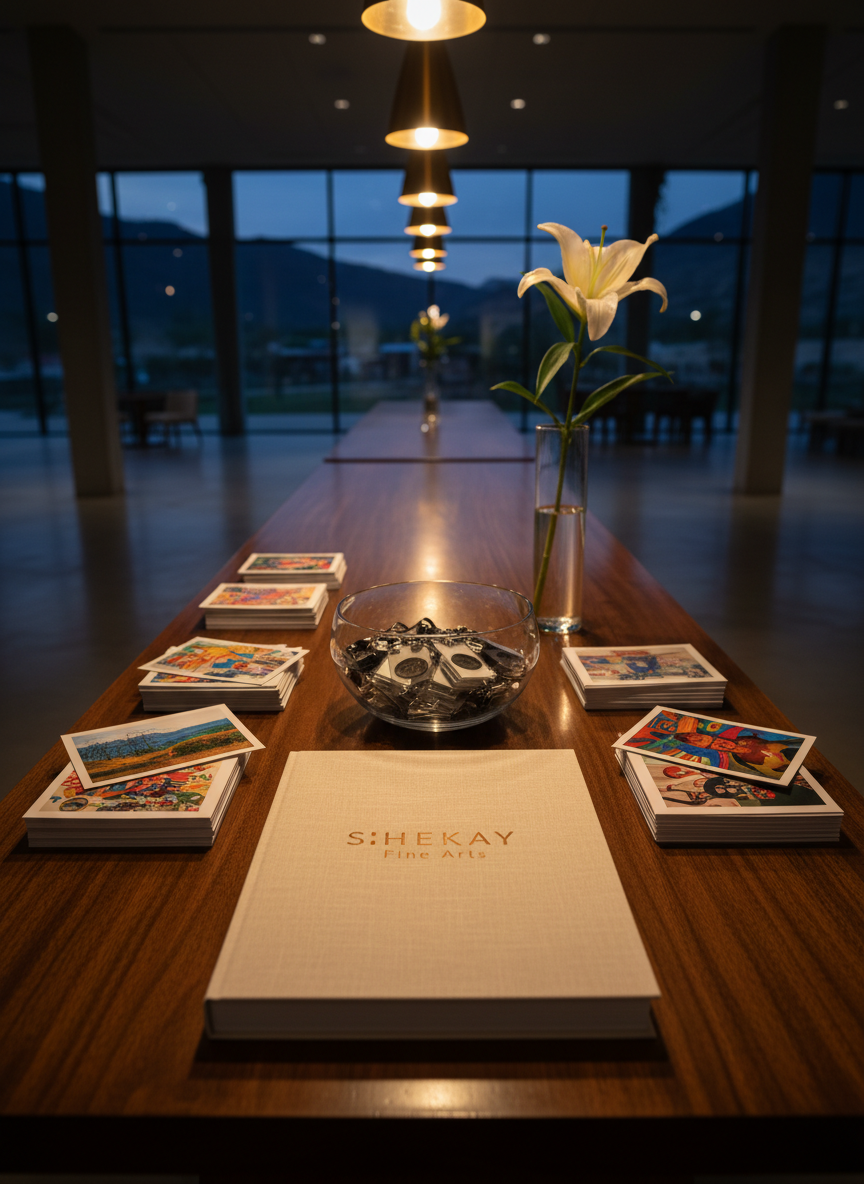 A polished reception table for an exclusive fine arts event, set inside a contemporary venue in the Rio Grande Valley. At the center rests a thick, linen-textured exhibition catalog embossed with “S H E K A Y Fine Arts” in understated metallic lettering. Surrounding it are neatly arranged stacks of high-quality postcards featuring vibrant reproductions of local artworks, a crystal bowl holding minimalistic matte-black event badges, and a single long-stemmed white lily in a slim glass cylinder vase. The table’s dark wood grain is illuminated by warm, focused pendant lighting from above, creating refined highlights and soft shadows. Photographic realism with a slightly elevated angle and crisp focus captures a poised, anticipatory mood, emphasizing sophistication and exclusivity.