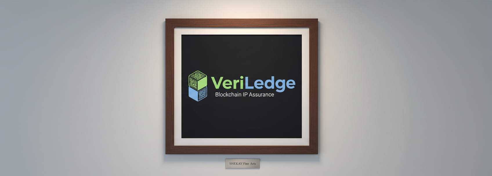 VERILEDGE LOGO Extend and complete the existing square gallery artwork image so it looks fully framed and not cropped, keeping the same SHEKAY Fine Arts aesthetic, lighting, and color palette, with clean professional gallery presentation.